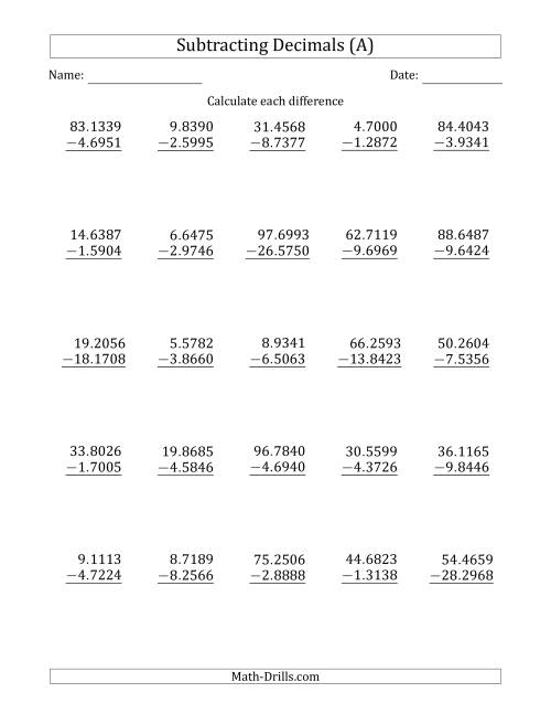 The Subtracting Decimal Ten Thousandths With an Integer Part in the Minuend and Subtrahend (A) Math Worksheet