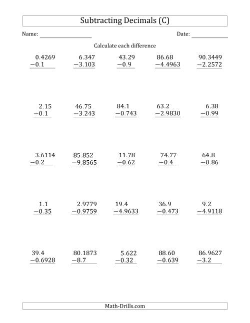 The Subtracting Various Decimals to Ten Thousandths (C) Math Worksheet