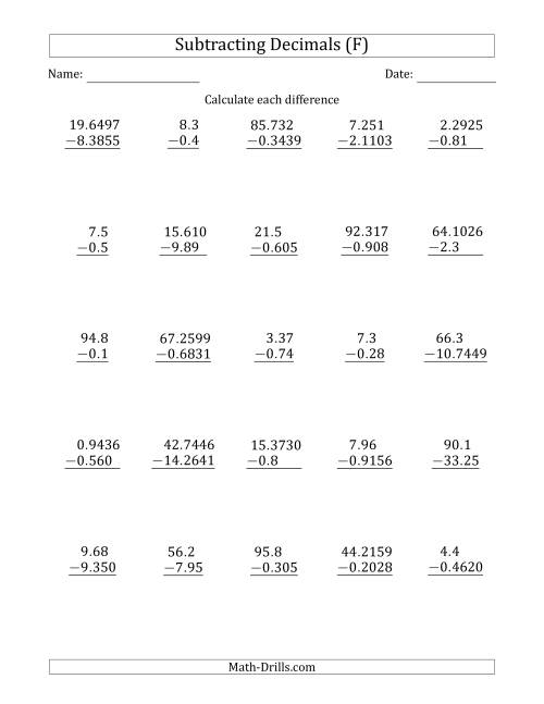 The Subtracting Various Decimals to Ten Thousandths (F) Math Worksheet
