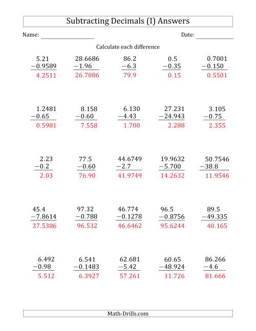 subtracting various decimals to ten thousandths i