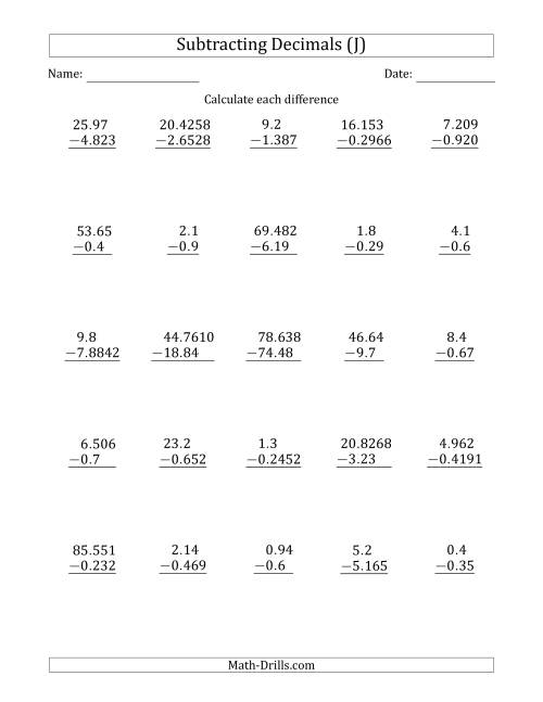 The Subtracting Various Decimals to Ten Thousandths (J) Math Worksheet