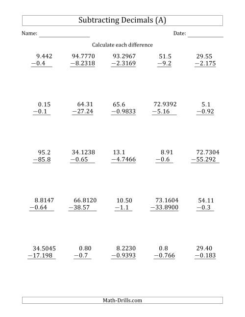 The Subtracting Various Decimals to Ten Thousandths (All) Math Worksheet