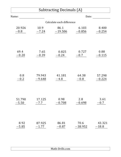 The Subtracting Various Decimals to Thousandths (A) Math Worksheet