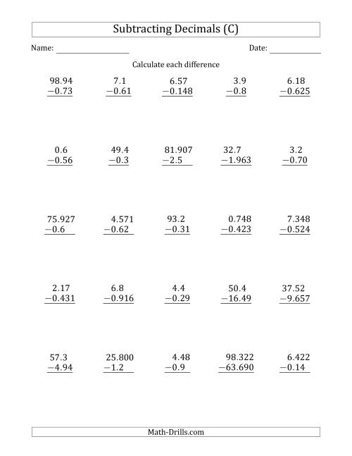 The Subtracting Various Decimals to Thousandths (C) Math Worksheet