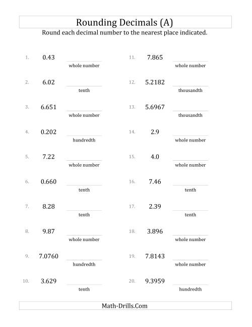 The Rounding Various Decimals to Various Decimal Places (A) Math Worksheet