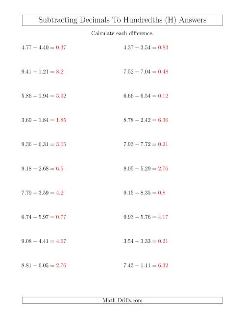 subtracting decimals to hundredths horizontally h