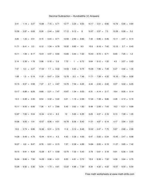 The Subtract Decimal Hundredths (V) Math Worksheet Page 2