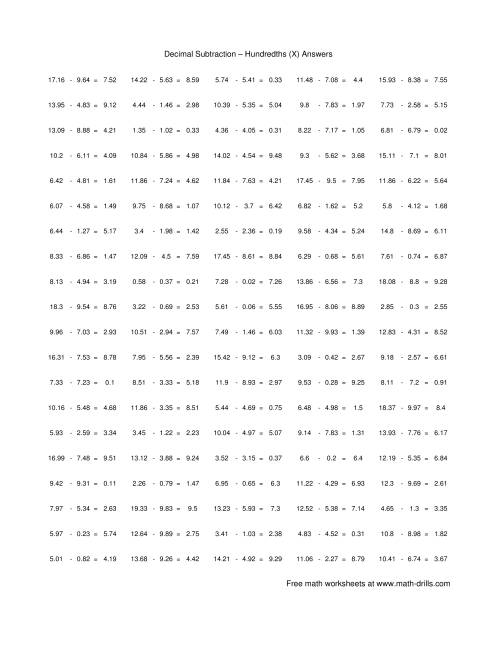 The Subtract Decimal Hundredths (X) Math Worksheet Page 2