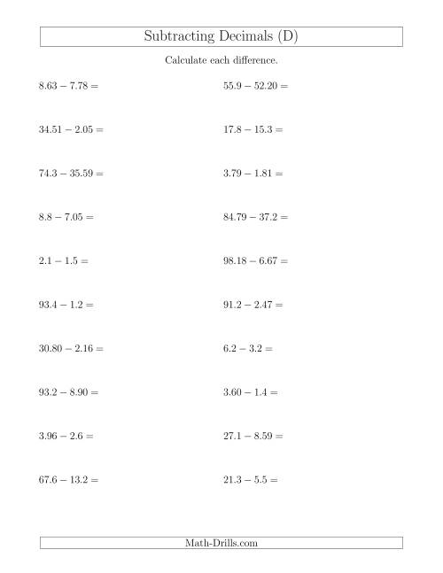 The Subtracting Decimals With Up to Two Places Before and After the Decimal (D) Math Worksheet
