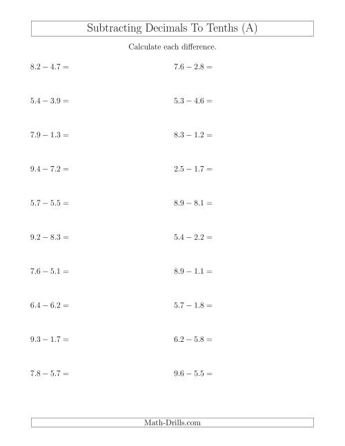 The Subtracting Decimals to Tenths Horizontally (A) Math Worksheet