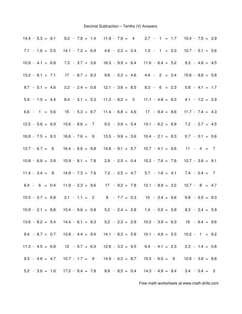 The Subtract Decimal Tenths (V) Math Worksheet Page 2