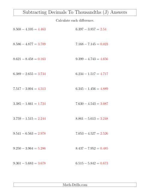 subtracting decimals to thousandths horizontally j