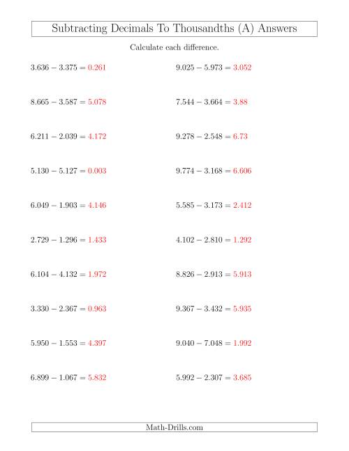 subtracting decimals to thousandths horizontally all