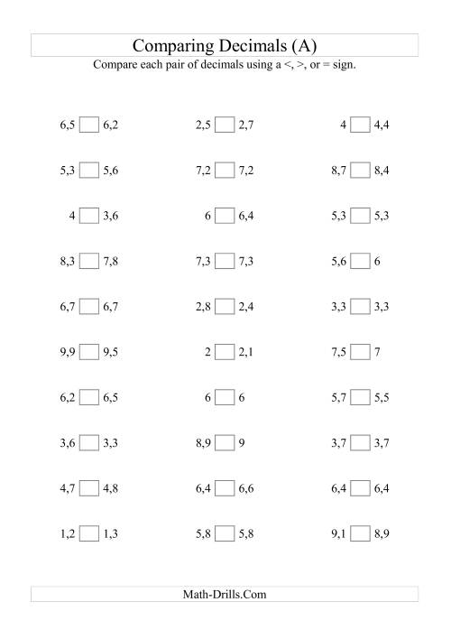 The Comparing Decimals to Tenths Tight Range (All) Math Worksheet