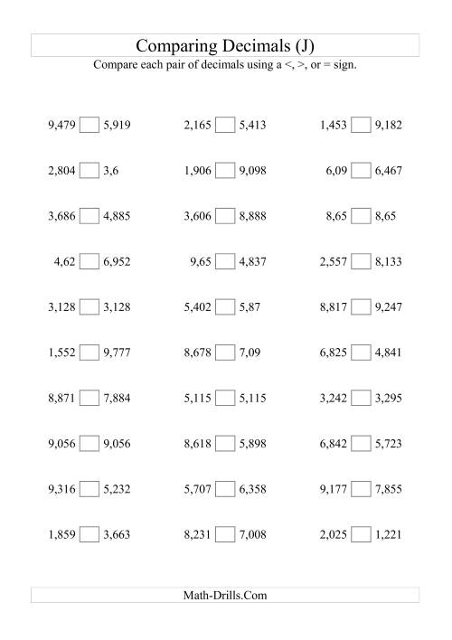 The Comparing Decimals to Thousandths (J) Math Worksheet