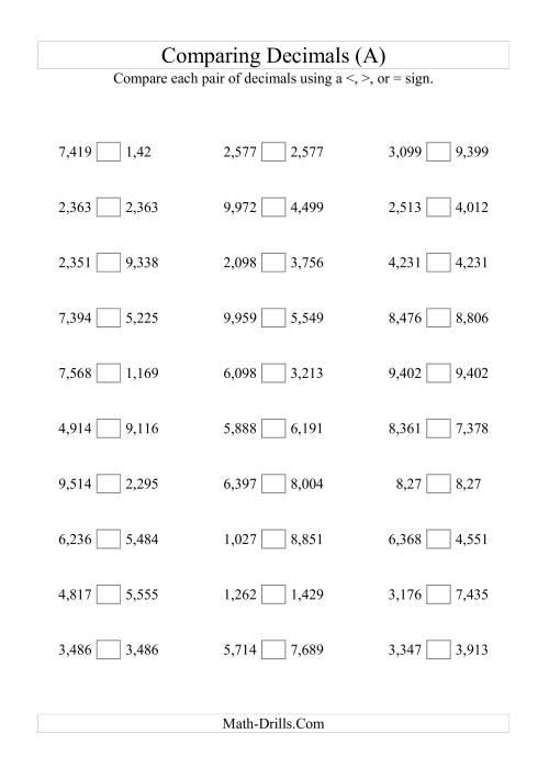 The Comparing Decimals to Thousandths (All) Math Worksheet