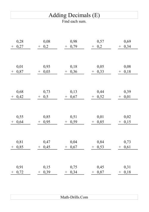 The Adding Decimals (Range 0,01 to 0,99) (E) Math Worksheet