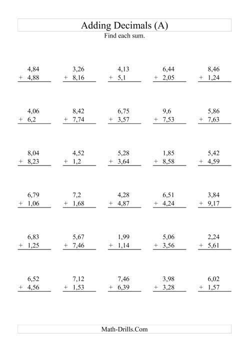 The Adding Decimals (Range 1,01 to 9,99) (A) Math Worksheet