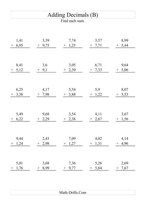 The Adding Decimals (Range 1,01 to 9,99) (B) Math Worksheet