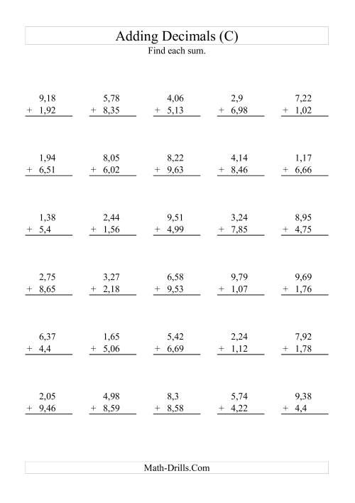 The Adding Decimals (Range 1,01 to 9,99) (C) Math Worksheet