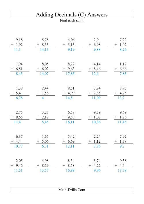The Adding Decimals (Range 1,01 to 9,99) (C) Math Worksheet Page 2