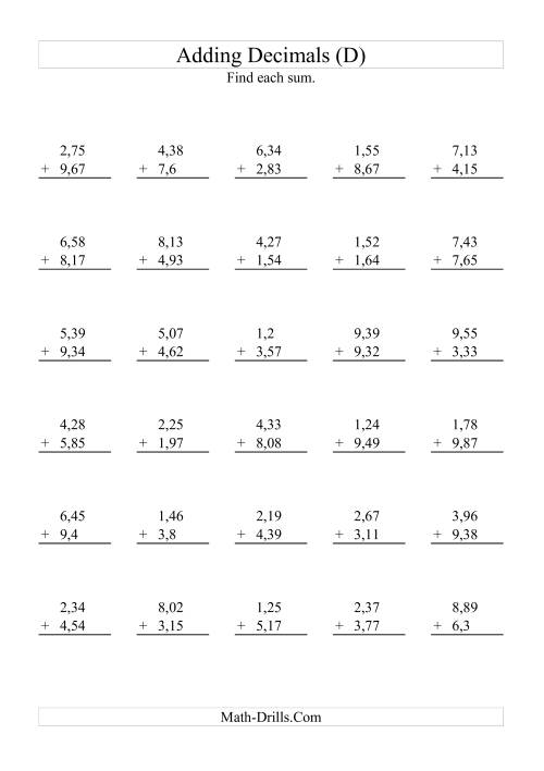 The Adding Decimals (Range 1,01 to 9,99) (D) Math Worksheet