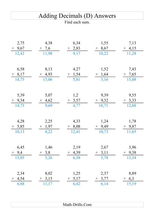 The Adding Decimals (Range 1,01 to 9,99) (D) Math Worksheet Page 2