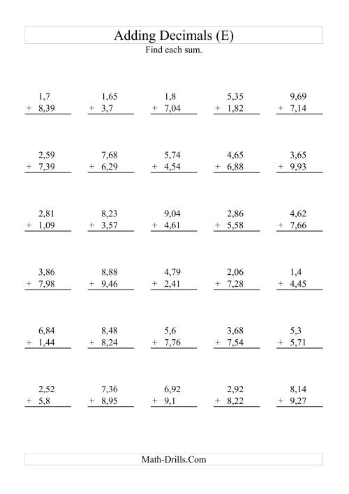 The Adding Decimals (Range 1,01 to 9,99) (E) Math Worksheet