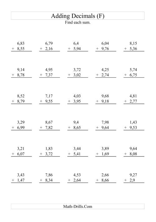 The Adding Decimals (Range 1,01 to 9,99) (F) Math Worksheet