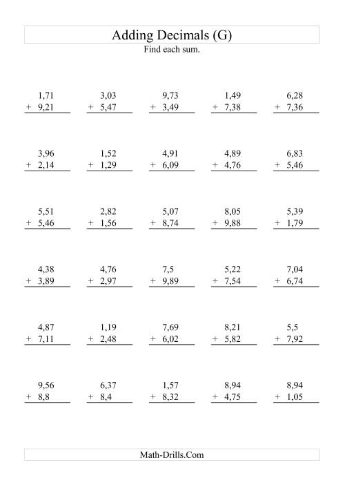 The Adding Decimals (Range 1,01 to 9,99) (G) Math Worksheet