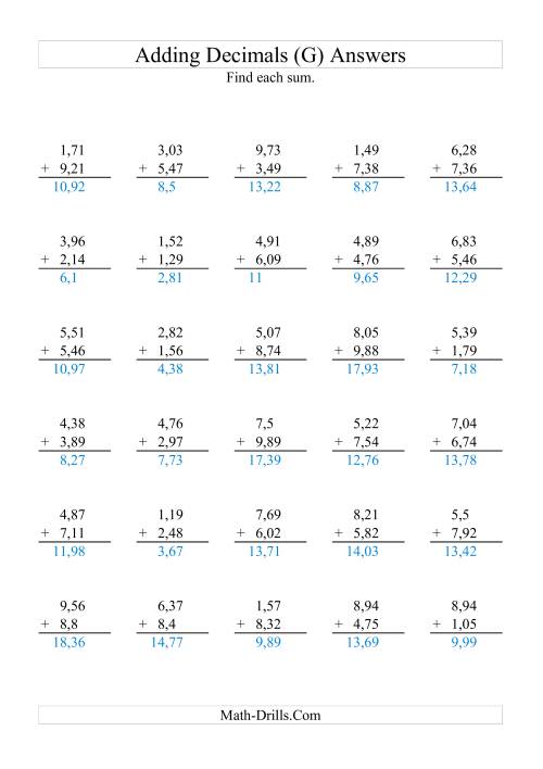The Adding Decimals (Range 1,01 to 9,99) (G) Math Worksheet Page 2