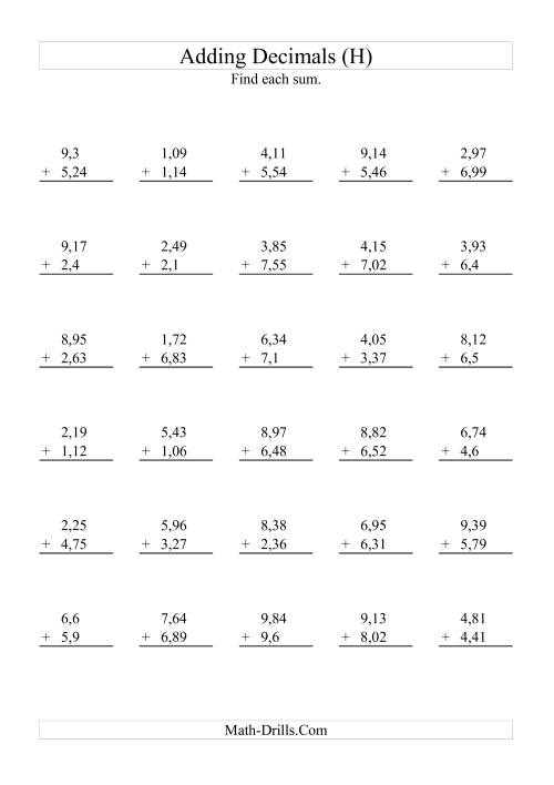 The Adding Decimals (Range 1,01 to 9,99) (H) Math Worksheet