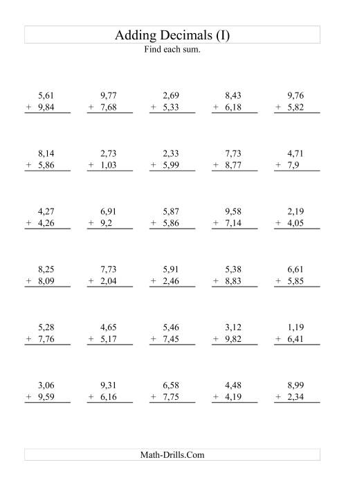 The Adding Decimals (Range 1,01 to 9,99) (I) Math Worksheet