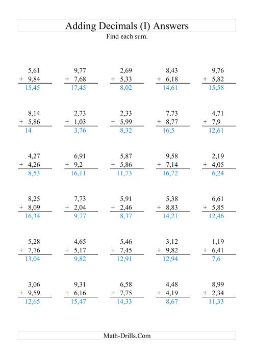 The Adding Decimals (Range 1,01 to 9,99) (I) Math Worksheet Page 2