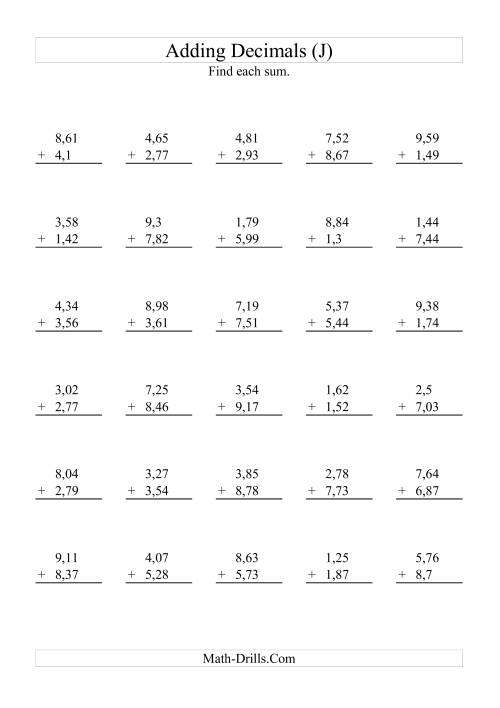 The Adding Decimals (Range 1,01 to 9,99) (J) Math Worksheet
