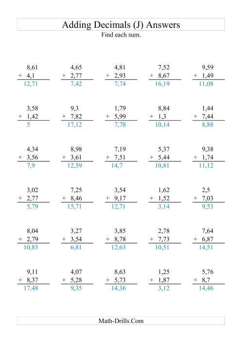 The Adding Decimals (Range 1,01 to 9,99) (J) Math Worksheet Page 2