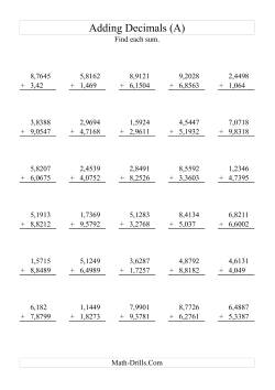 Adding Decimals (Range 1,0001 to 9,9999)