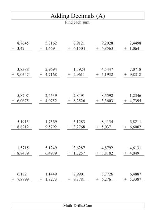 The Adding Decimals (Range 1,0001 to 9,9999) (A) Math Worksheet