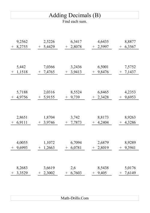The Adding Decimals (Range 1,0001 to 9,9999) (B) Math Worksheet