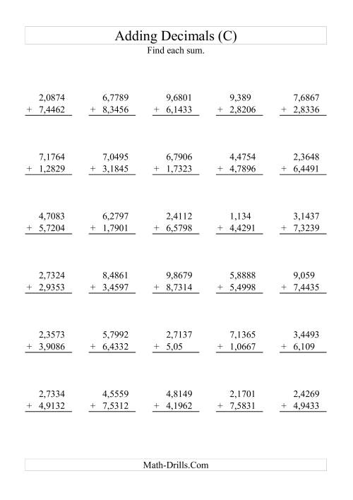 The Adding Decimals (Range 1,0001 to 9,9999) (C) Math Worksheet