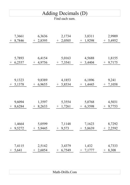 The Adding Decimals (Range 1,0001 to 9,9999) (D) Math Worksheet