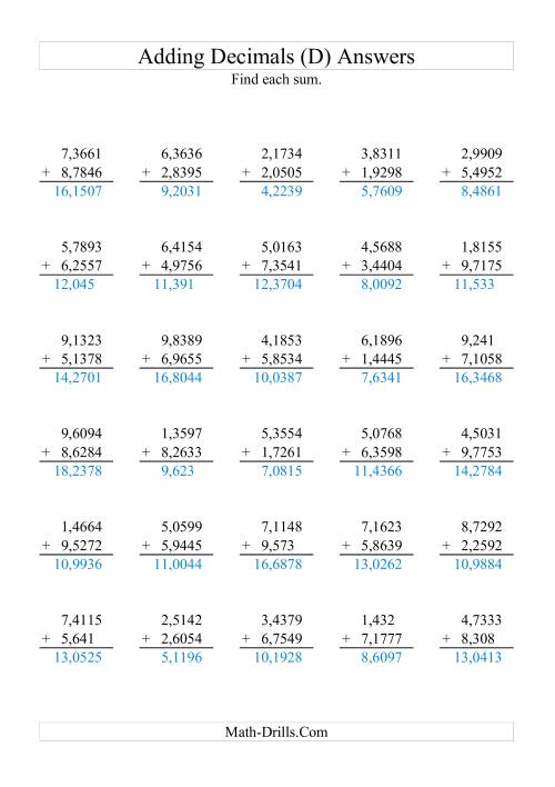 The Adding Decimals (Range 1,0001 to 9,9999) (D) Math Worksheet Page 2