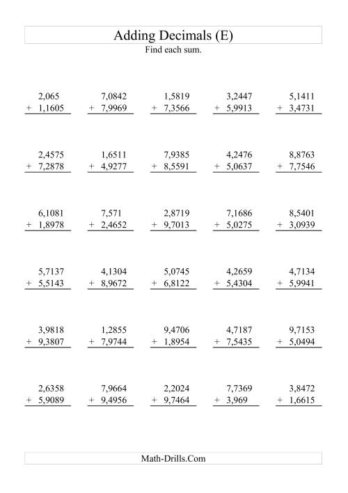 The Adding Decimals (Range 1,0001 to 9,9999) (E) Math Worksheet