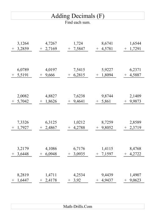 The Adding Decimals (Range 1,0001 to 9,9999) (F) Math Worksheet