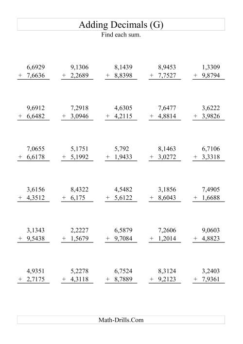 The Adding Decimals (Range 1,0001 to 9,9999) (G) Math Worksheet