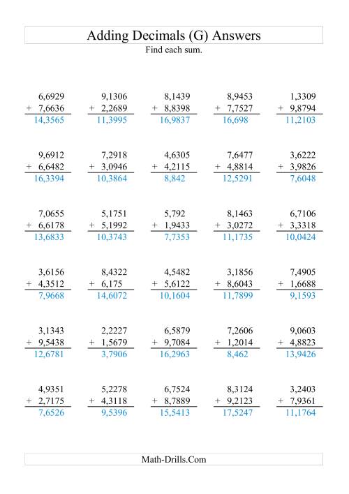 The Adding Decimals (Range 1,0001 to 9,9999) (G) Math Worksheet Page 2