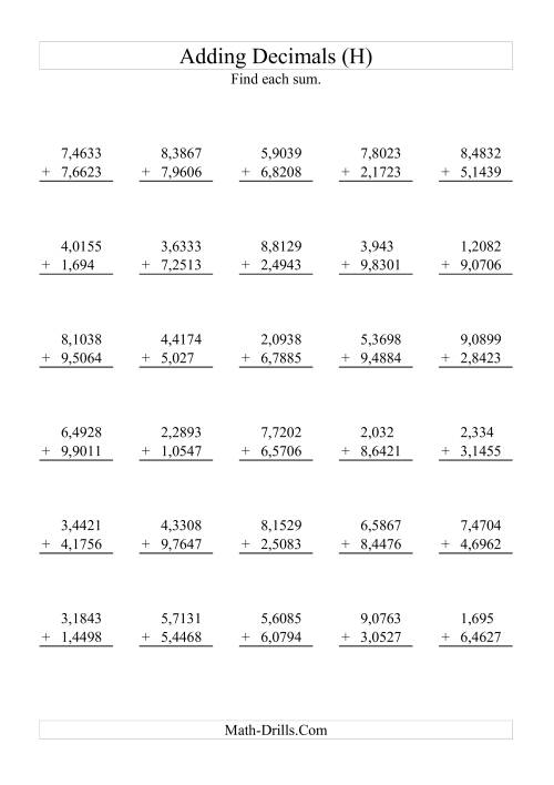 The Adding Decimals (Range 1,0001 to 9,9999) (H) Math Worksheet