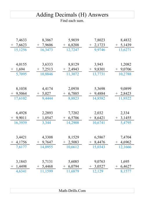 The Adding Decimals (Range 1,0001 to 9,9999) (H) Math Worksheet Page 2