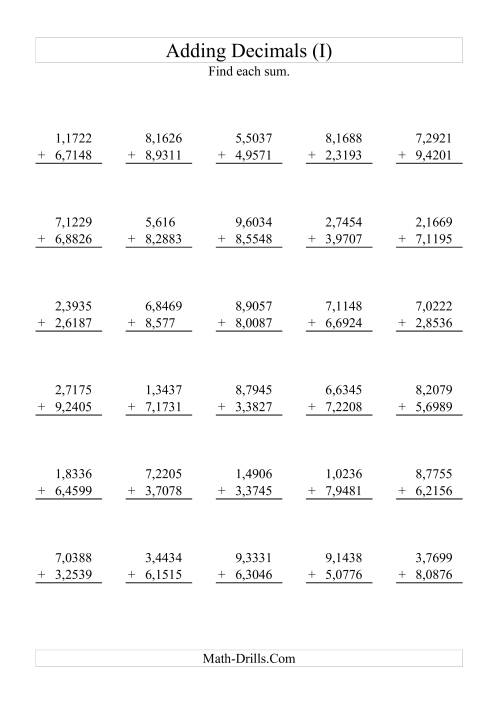 The Adding Decimals (Range 1,0001 to 9,9999) (I) Math Worksheet