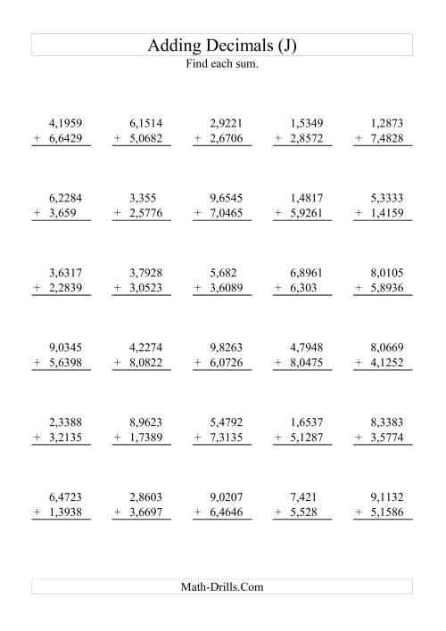 The Adding Decimals (Range 1,0001 to 9,9999) (J) Math Worksheet